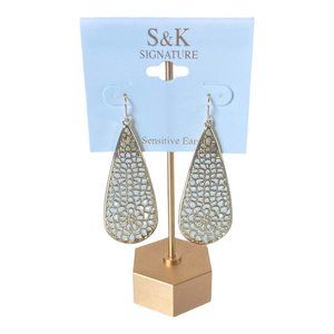 S & K signature gold tone teardrop sensitive ears earrings 2.5 inch